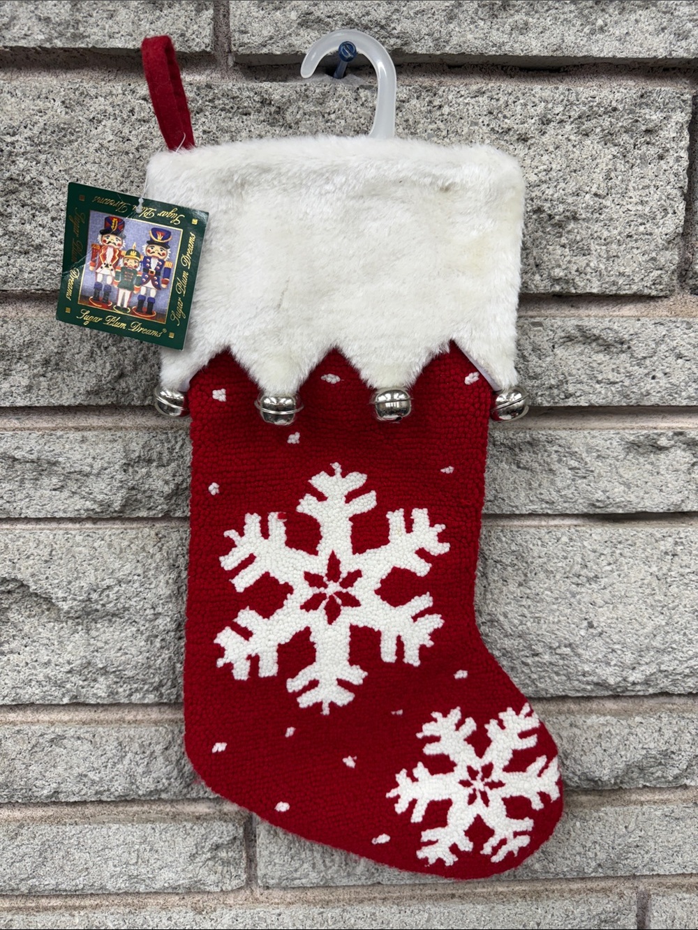 Vintage New Old Stock Red Snowflake Holiday Stocking with White Plush Cuff